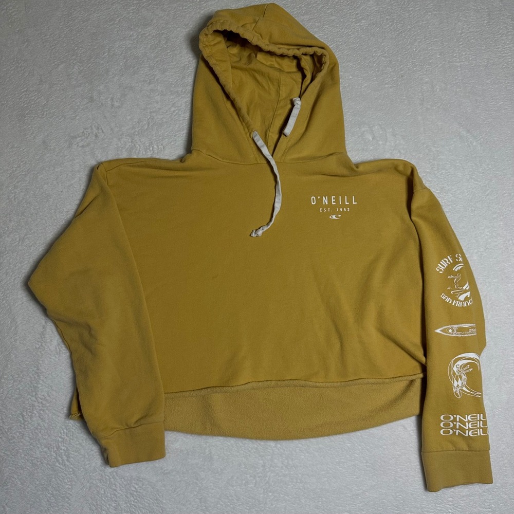 O'Neill Women's L Mustard Yellow Cropped Hoodie Surf Graphic Pullover Coastal